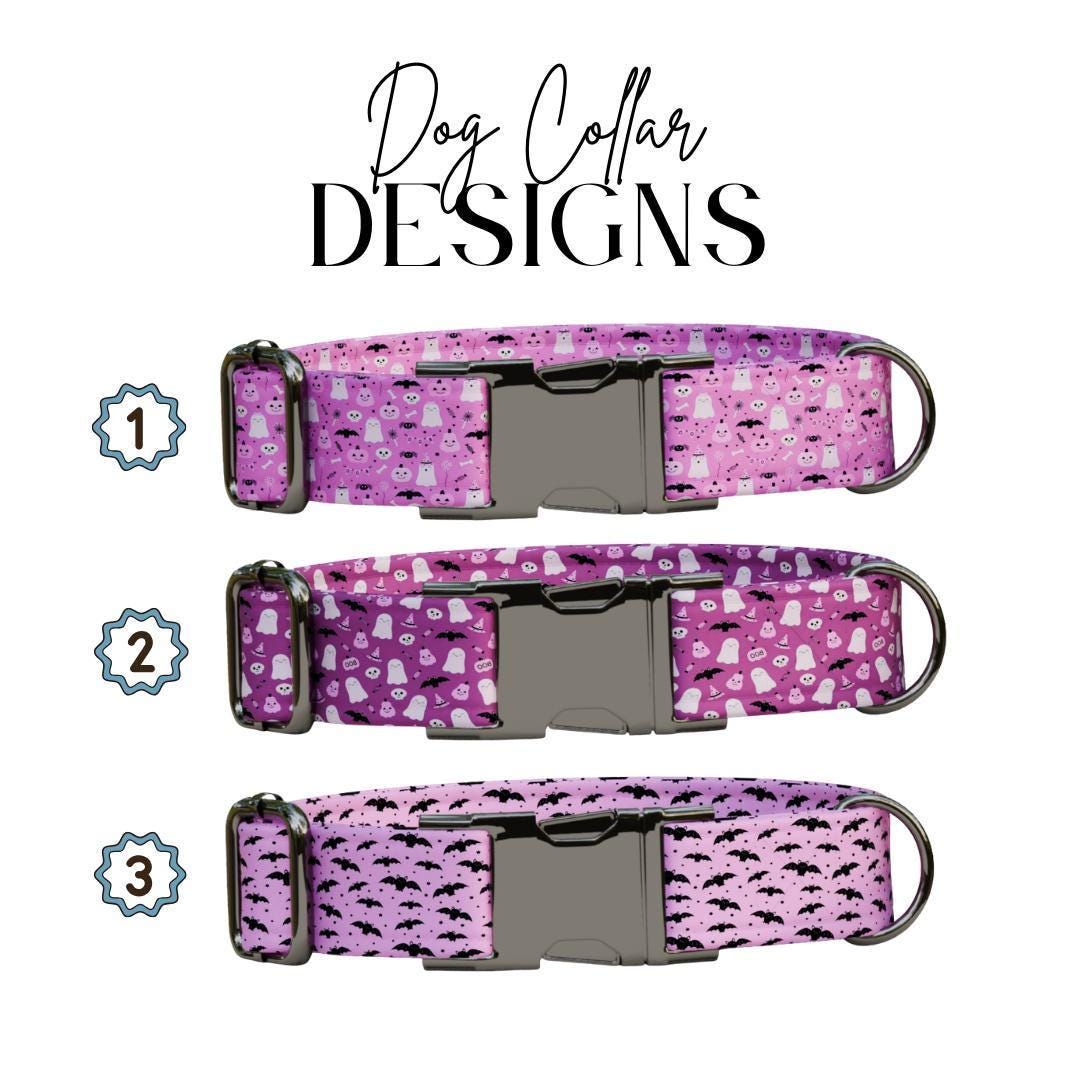 Personalized Halloween Dog Collar with Name Engraved, Cute and Soft Adjustable Pink Collar & Leash Set Black or Gold Buckle Dog Gift (OG-33)