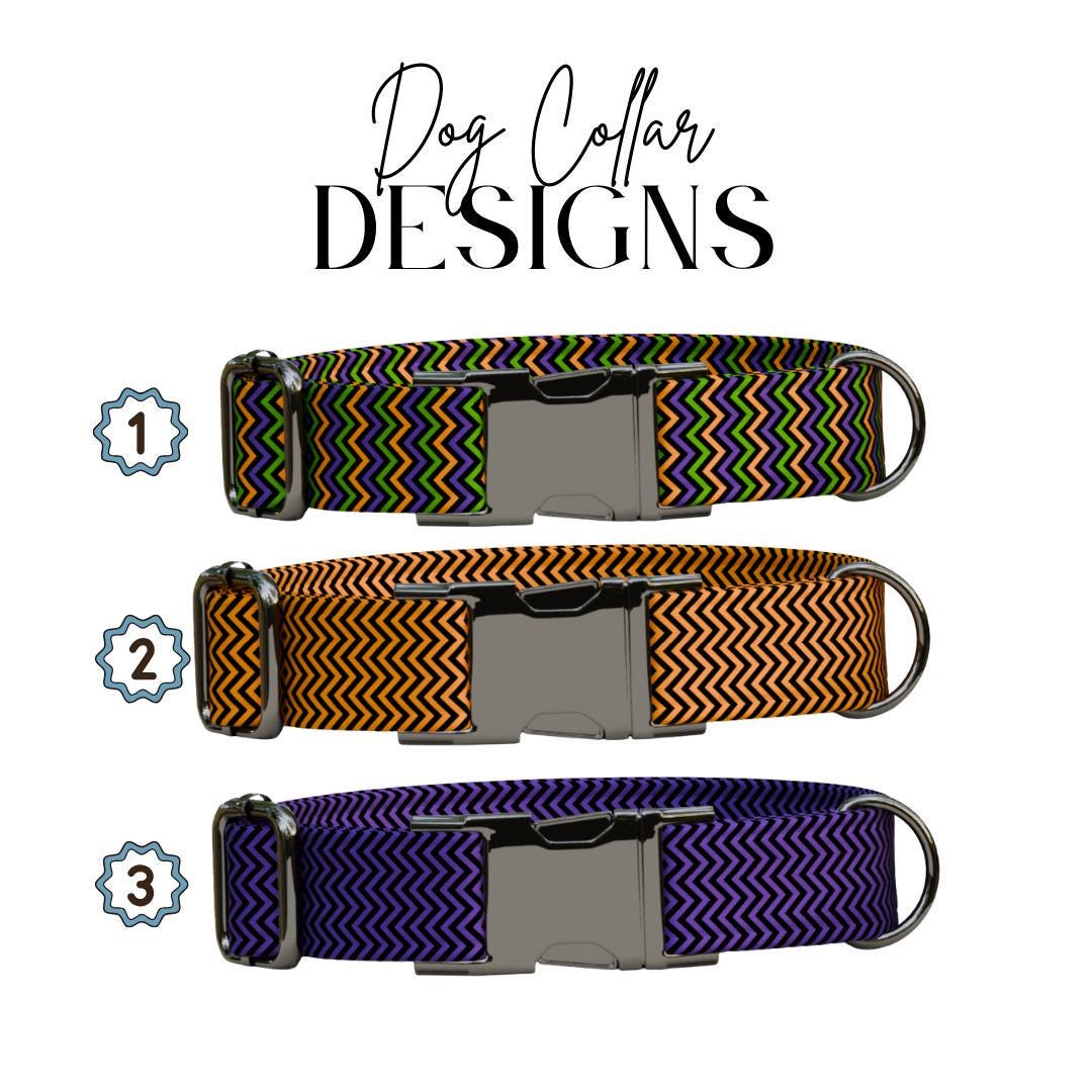 Personalized Spooky Chevron Dog Collar with Name Engraved, Cute and Soft Adjustable Collar & Leash Set Black or Gold Buckle Dog Gift (OG-40)