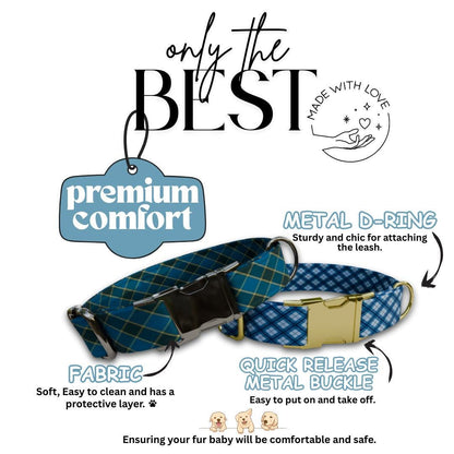 Personalized Blue Plaid Dog Collar with Name Engraved, Cute and Soft Adjustable Collar & Leash Set, Black or Gold Buckle, Dog Gift (OG-05)