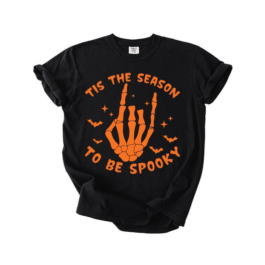 Tis The Season To Be Spooky Halloween T-Shirt Comfort Colors Vintage Skeleton Hand Rock Sign Shirt Spooky Season Fall Shirt Halloween Tee