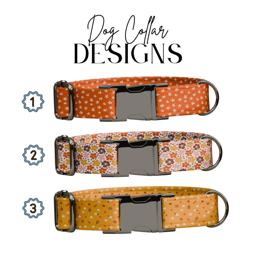 Personalized Floral Pattern Dog Collar with Name Engraved, Cute and Soft Adjustable Collar & Leash Set Black or Gold Buckle Dog Gift (OG-19)