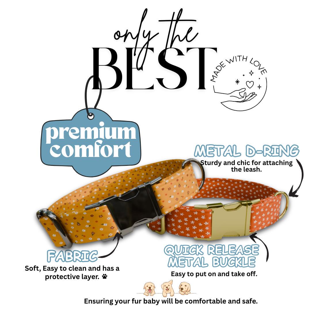 Personalized Floral Pattern Dog Collar with Name Engraved, Cute and Soft Adjustable Collar & Leash Set Black or Gold Buckle Dog Gift (OG-19)