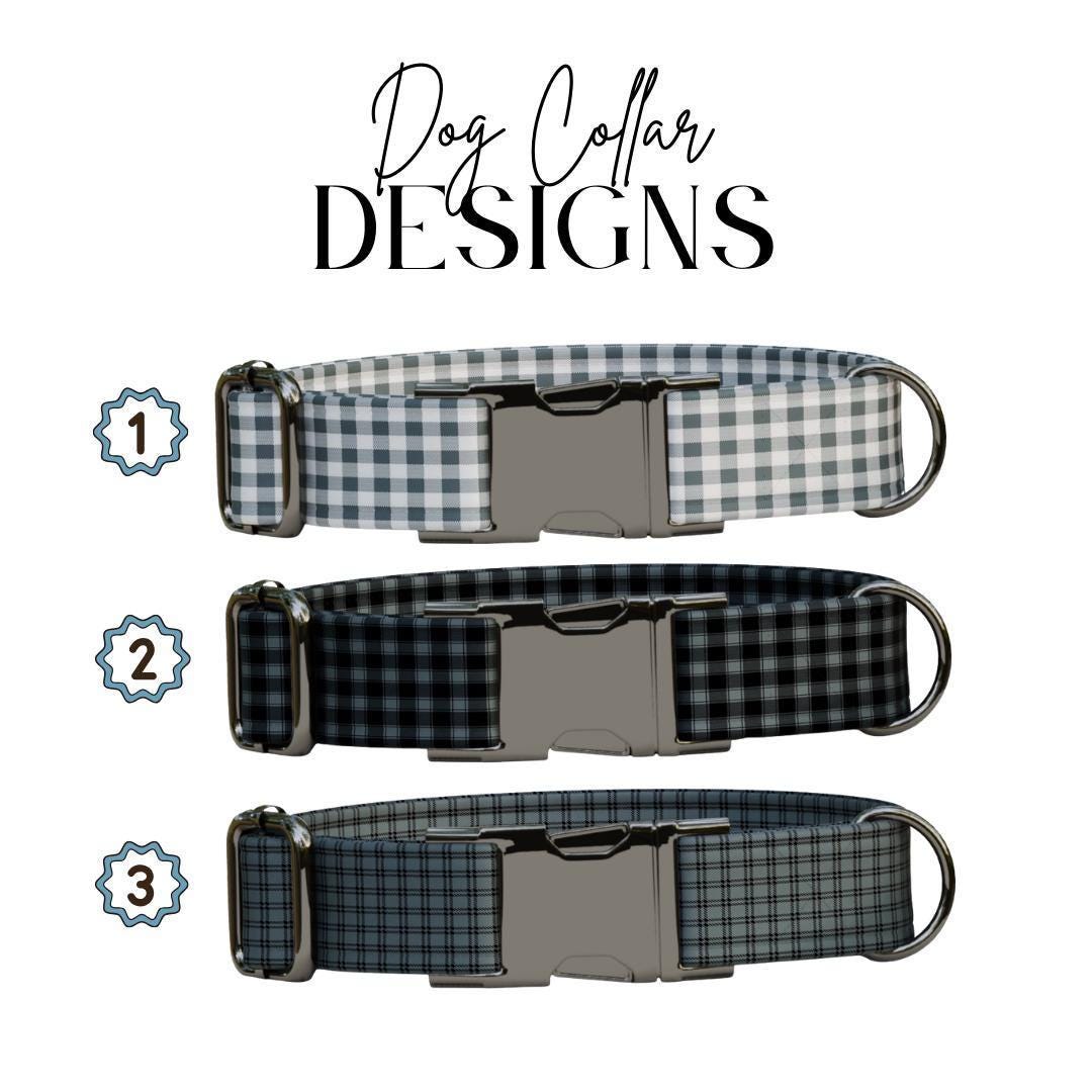Personalized Gingham Fabric Dog Collar with Name Engraved, Cute and Soft Adjustable Collar & Leash Set Black or Gold Buckle Dog Gift (OG-54)