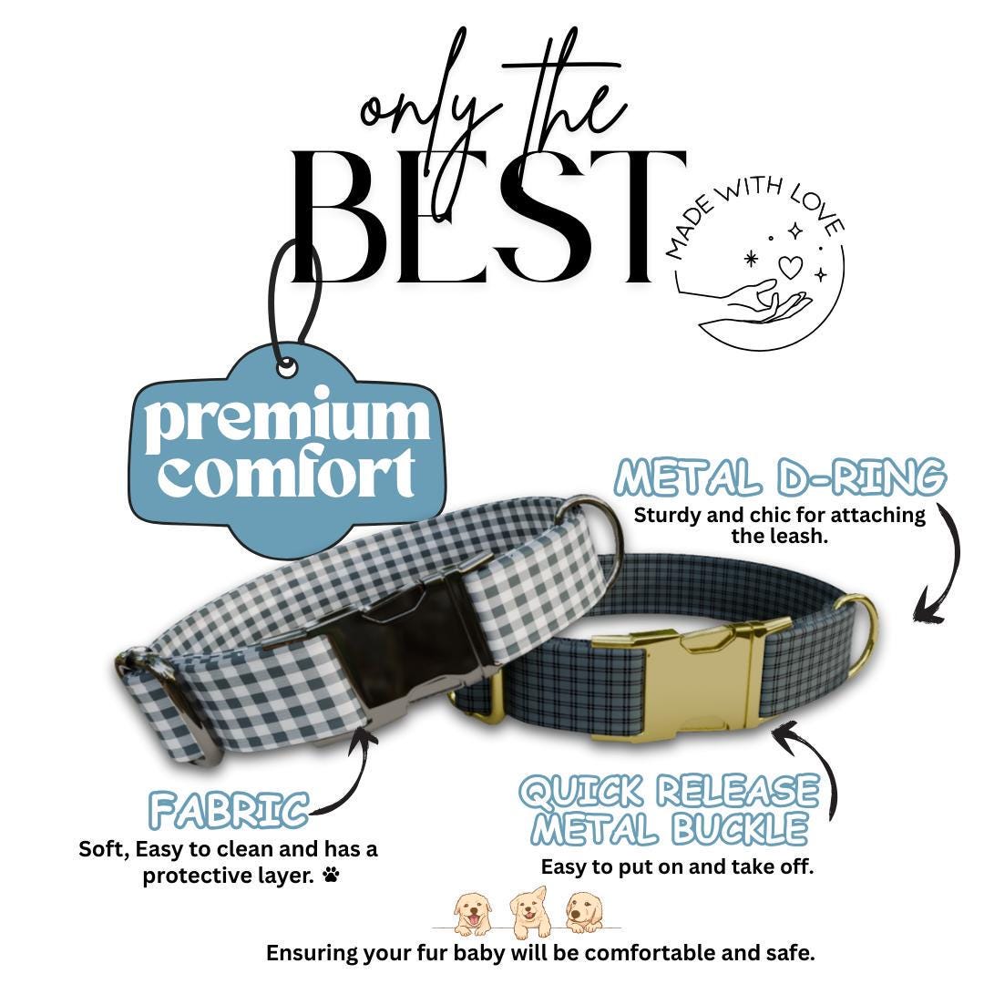 Personalized Gingham Fabric Dog Collar with Name Engraved, Cute and Soft Adjustable Collar & Leash Set Black or Gold Buckle Dog Gift (OG-54)
