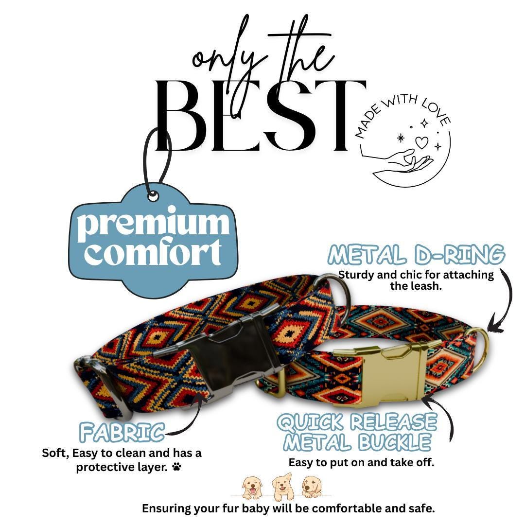 Personalized Southwestern Dog Collar with Name Engraved, Cute and Soft Adjustable Collar & Leash Set, Black or Gold Buckle Dog Gift (OG-25)