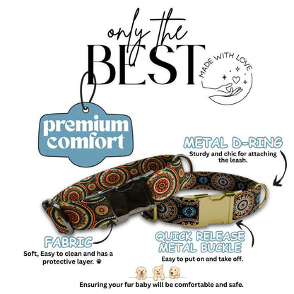 Personalized Mandala Boho Dog Collar with Name Engraved, Cute and Soft Adjustable Collar & Leash Set, Black or Gold Buckle Dog Gift (OG-26)