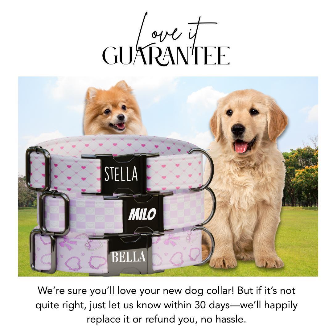 Personalized Valentine Heart Dog Collar with Name Engraved, Cute Soft Adjustable Collar & Leash, Set Black or Gold Buckle Dog Gift (OG-100)