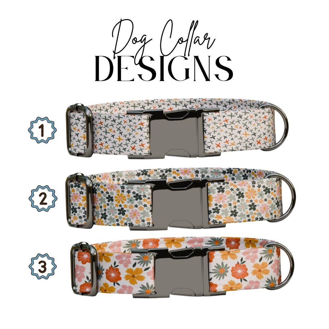 Personalized Floral Pattern Dog Collar with Name Engraved, Cute and Soft Adjustable Collar & Leash Set Black or Gold Buckle Dog Gift (OG-18)
