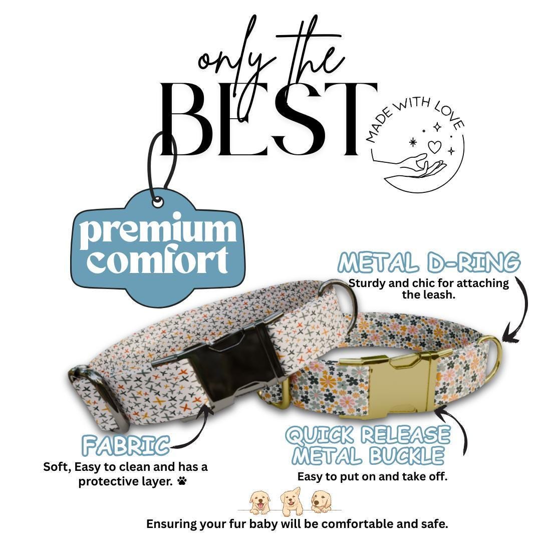 Personalized Floral Pattern Dog Collar with Name Engraved, Cute and Soft Adjustable Collar & Leash Set Black or Gold Buckle Dog Gift (OG-18)