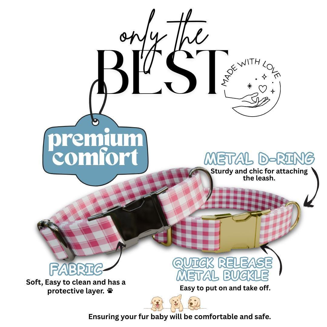 Personalized Pink Checkered Dog Collar with Name Engraved, Cute and Soft Adjustable Collar & Leash Set Black or Gold Buckle Dog Gift (OG-28)