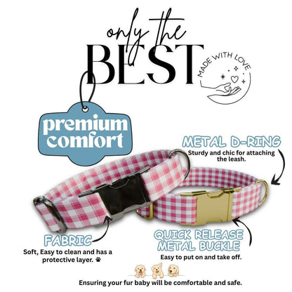 Personalized Pink Checkered Dog Collar with Name Engraved, Cute and Soft Adjustable Collar & Leash Set Black or Gold Buckle Dog Gift (OG-28)