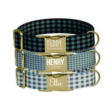 Personalized Luxury Black Gingham Dog Collar with Name Engraved, Cute and Soft Adjustable Collar & Leash Set Gingham Design Dog Gift (OG-56)