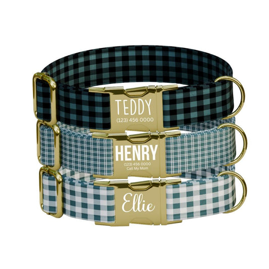 Personalized Luxury Black Gingham Dog Collar with Name Engraved, Cute and Soft Adjustable Collar & Leash Set Gingham Design Dog Gift (OG-56)