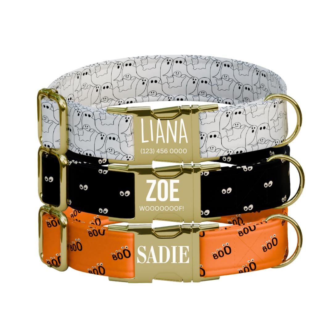 Personalized Spooky Dog Collar with Name Engraved Cute and Soft Fall Adjustable Collar & Leash Set Black or Gold Buckle Dog Gift (OG-123)