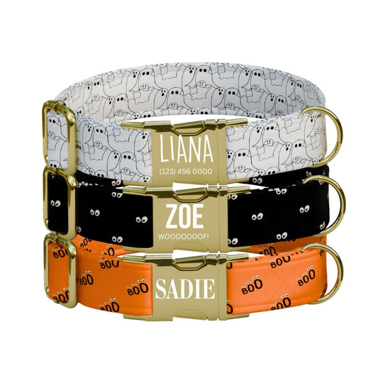 Personalized Spooky Dog Collar with Name Engraved Cute and Soft Fall Adjustable Collar & Leash Set Black or Gold Buckle Dog Gift (OG-123)
