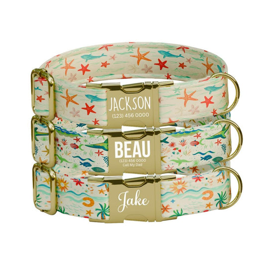 Personalized Ocean Life Dog Collar with Name Engraved Cute and Soft Sports Adjustable Collar & Leash Set Black Gold Buckle Dog Gift (OG-118)