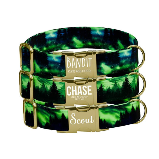 Personalized Aurora Fest Dog Collar with Name Engraved, Cute and Soft Adjustable Collar & Leash Set, Northern Lights Design Dog Gift (OG-57)