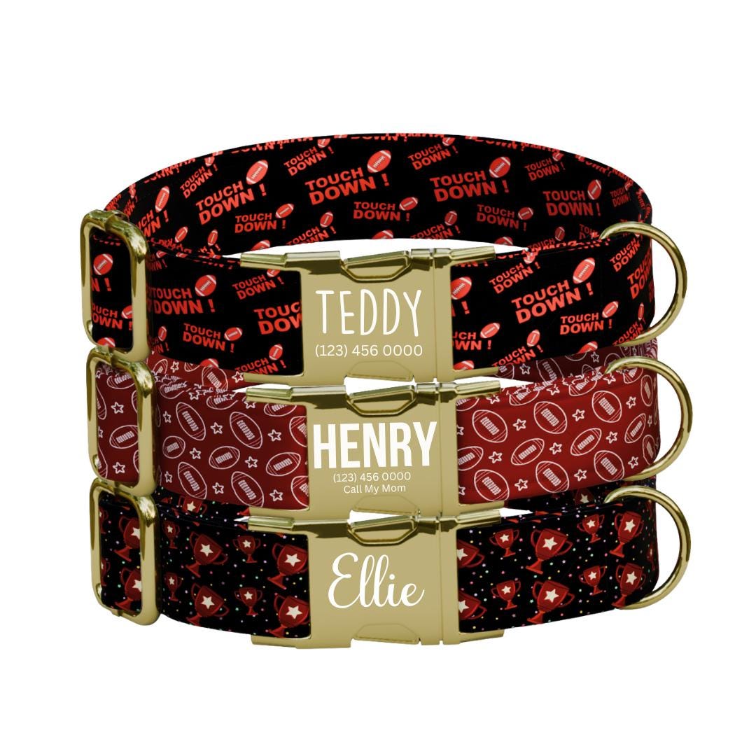 Personalized Football Dog Collar with Name Engraved Cute and Soft Sports Adjustable Collar & Leash Set Black Gold Buckle Dog Gift (OG-116)