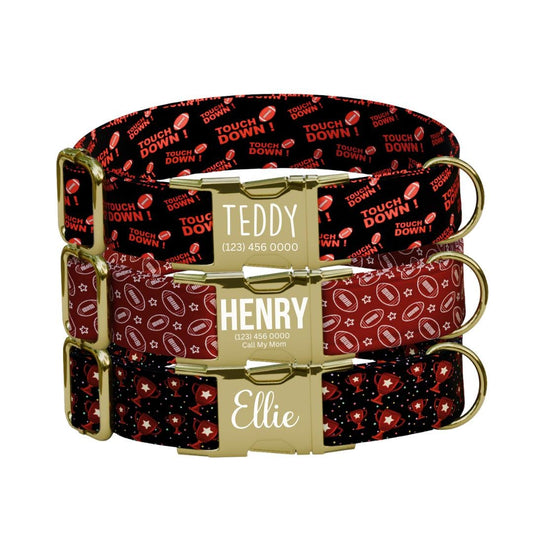 Personalized Football Dog Collar with Name Engraved Cute and Soft Sports Adjustable Collar & Leash Set Black Gold Buckle Dog Gift (OG-116)