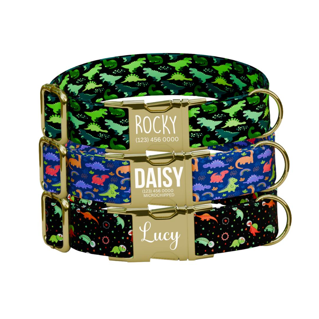 Personalized Dinosaur Dog Collar with Name Engraved Cute and Soft Dino Adjustable Collar & Leash Set Black or Gold Buckle Dog Gift (OG-96)