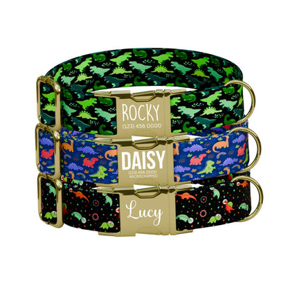 Personalized Dinosaur Dog Collar with Name Engraved Cute and Soft Dino Adjustable Collar & Leash Set Black or Gold Buckle Dog Gift (OG-96)