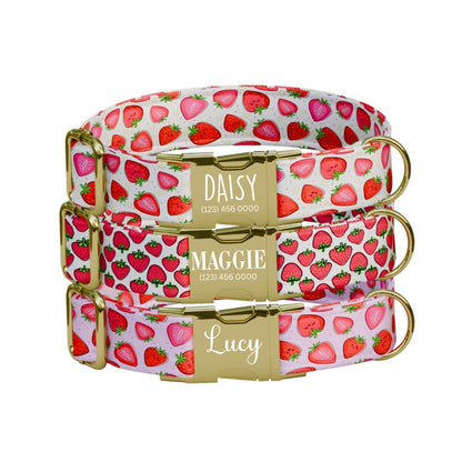 Personalized Strawberry Dog Collar with Name Engraved Cute & Soft Summer Fruit Adjustable Collar Leash Set, Unique Fun Dog Tag Gift (OG-68)