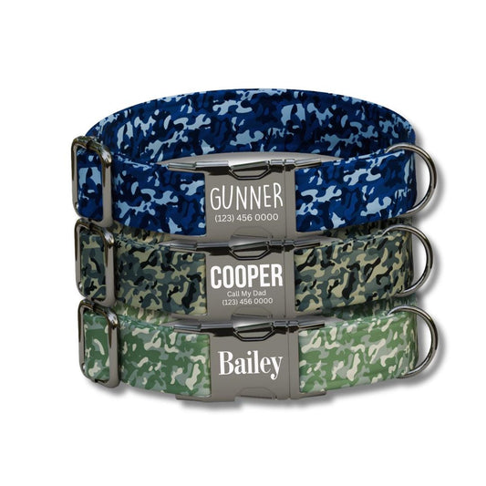 Personalized Camouflage Dog Collar with Name Engraved Cute & Soft Military Style Adjustable Collar Leash Set Wedding Dog Tag Gift (OG-63)