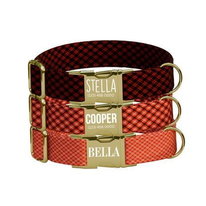 Personalized Autumn Check Dog Collar with Name Engraved, Cute and Soft Adjustable Collar & Leash Set, Black or Gold Buckle Dog Gift (OG-60)