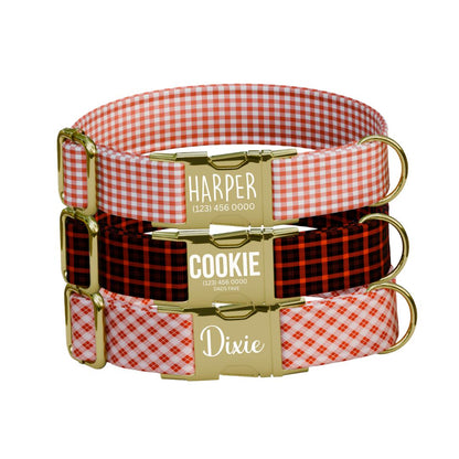 Personalized Autumn Gingham Dog Collar with Name Engraved, Cute and Soft Adjustable Collar & Leash Set Black or Gold Buckle Dog Gift (OG-59)