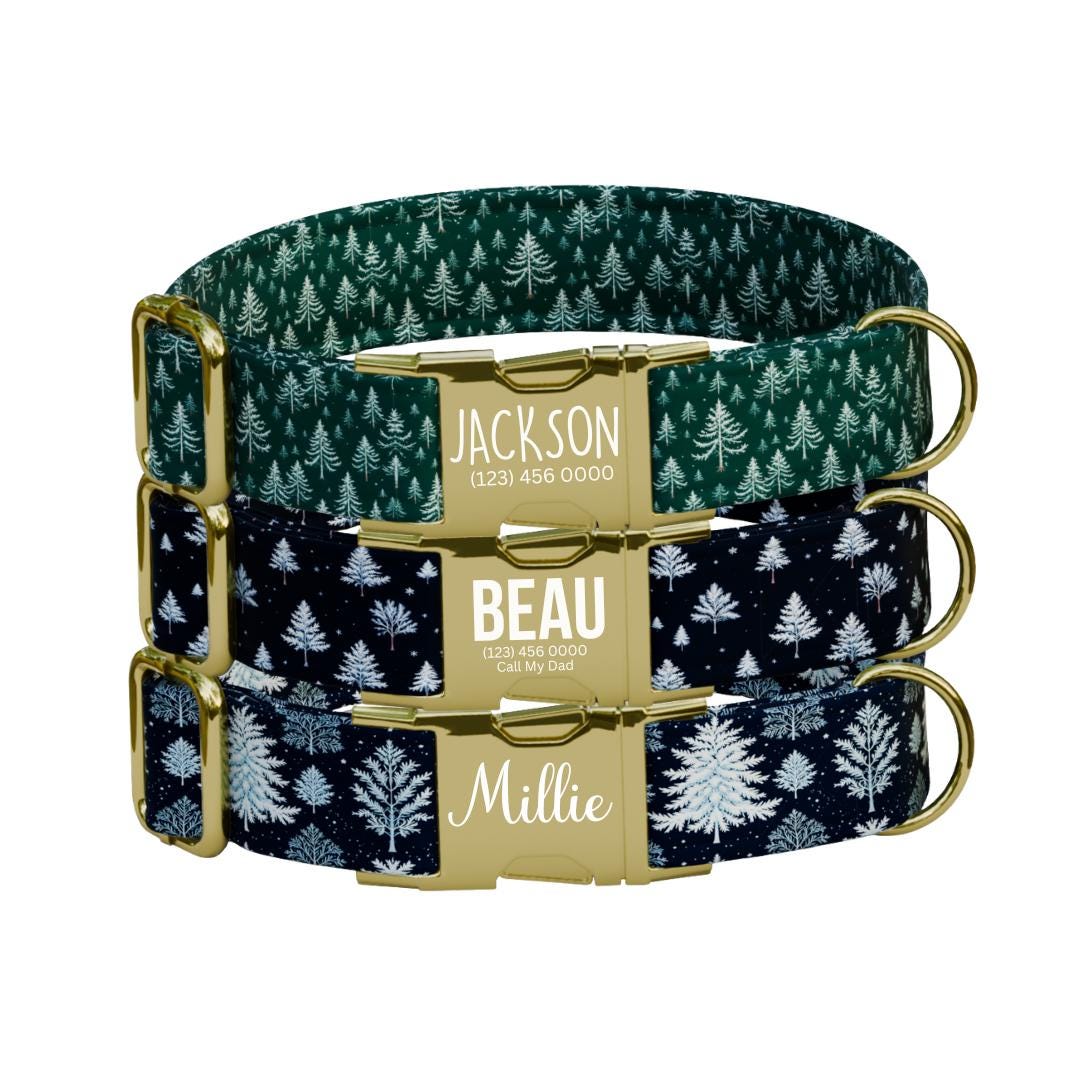 Personalized Winter Pines Dog Collar with Name Engraved, Cute and Soft Adjustable Collar & Leash Set, Forest Tree Design, Dog Gift (OG-58)