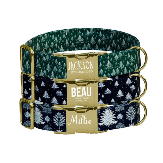 Personalized Winter Pines Dog Collar with Name Engraved, Cute and Soft Adjustable Collar & Leash Set, Forest Tree Design, Dog Gift (OG-58)