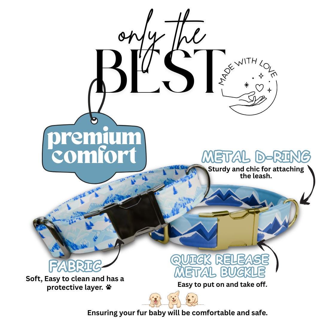 Personalized Blue Mountains Dog Collar with Name Engraved Cute and Soft Adjustable Collar & Leash Set Black or Gold Buckle Dog Gift (OG-102)