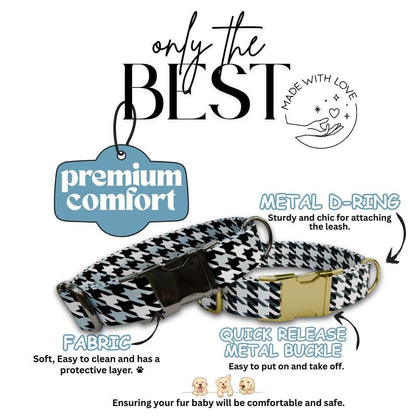Personalized Houndstooth Dog Collar with Name Engraved, Cute and Soft Adjustable Collar & Leash Set, Black or Gold Buckle Dog Gift (OG-113)