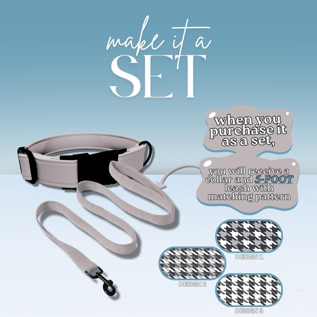 Personalized Houndstooth Dog Collar with Name Engraved, Cute and Soft Adjustable Collar & Leash Set, Black or Gold Buckle Dog Gift (OG-113)