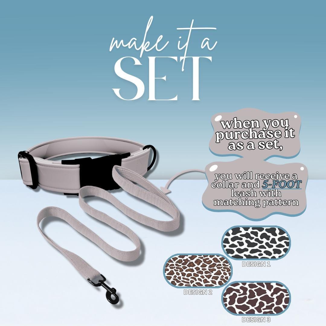 Personalized Animal Print Dog Collar with Name Engraved Cute Soft Animal Adjustable Collar & Leash Set Black / Gold Buckle Dog Gift (OG-114)