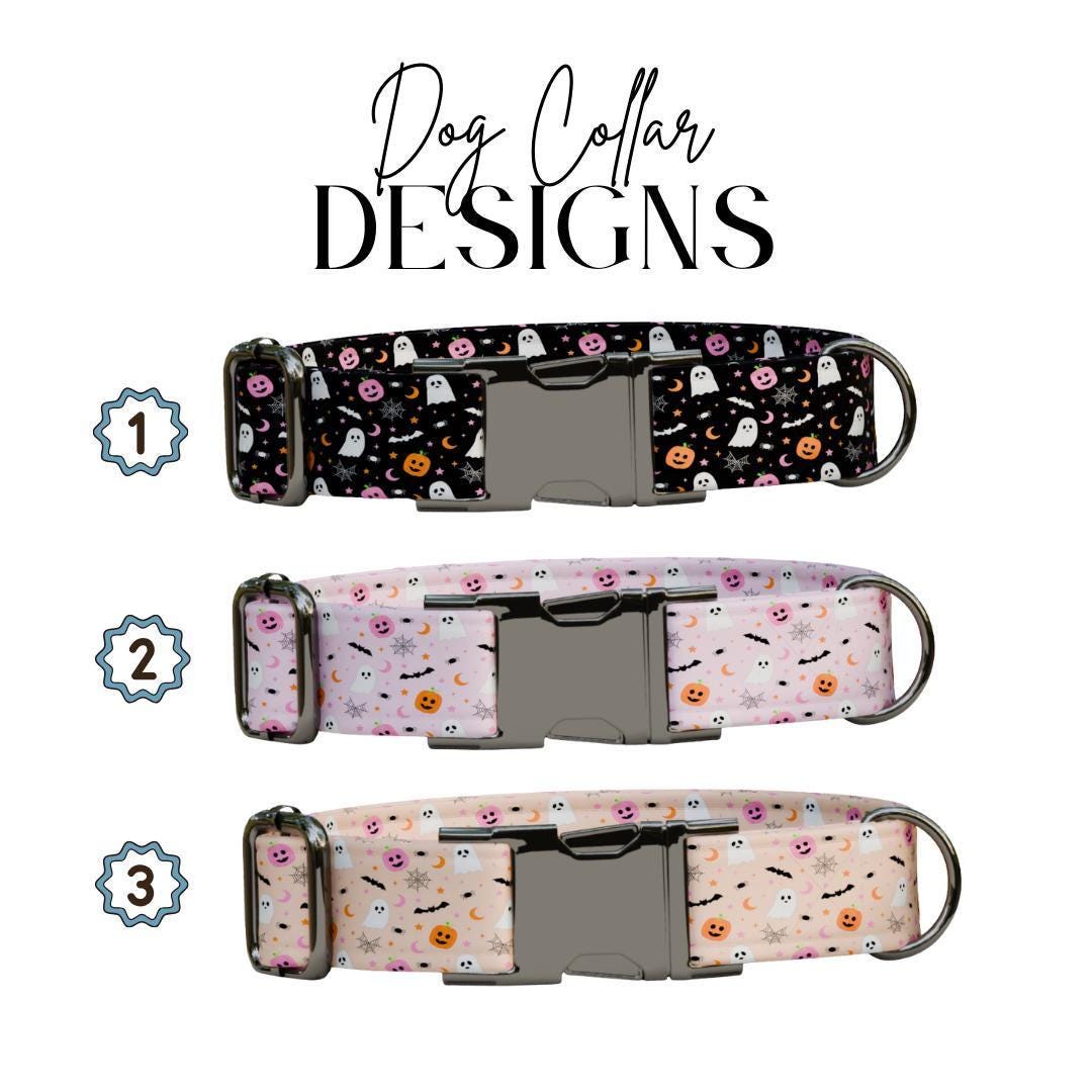 Personalized Halloween Dog Collar with Name Engraved, Cute and Soft Adjustable Fall Collar & Leash Set Black or Gold Buckle Dog Gift (OG-34)
