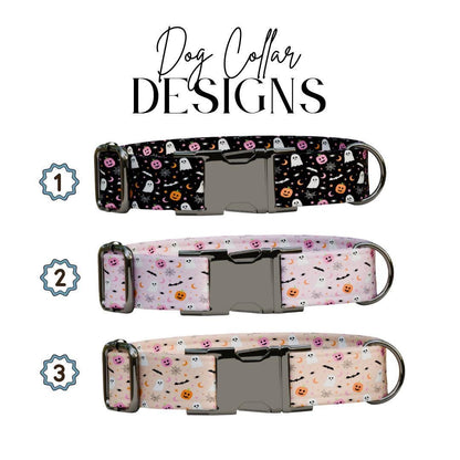 Personalized Halloween Dog Collar with Name Engraved, Cute and Soft Adjustable Fall Collar & Leash Set Black or Gold Buckle Dog Gift (OG-34)