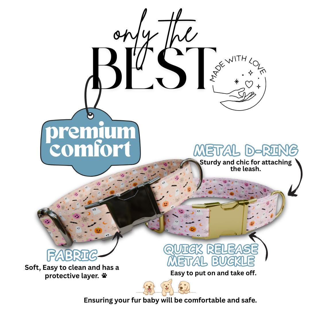 Personalized Halloween Dog Collar with Name Engraved, Cute and Soft Adjustable Fall Collar & Leash Set Black or Gold Buckle Dog Gift (OG-34)