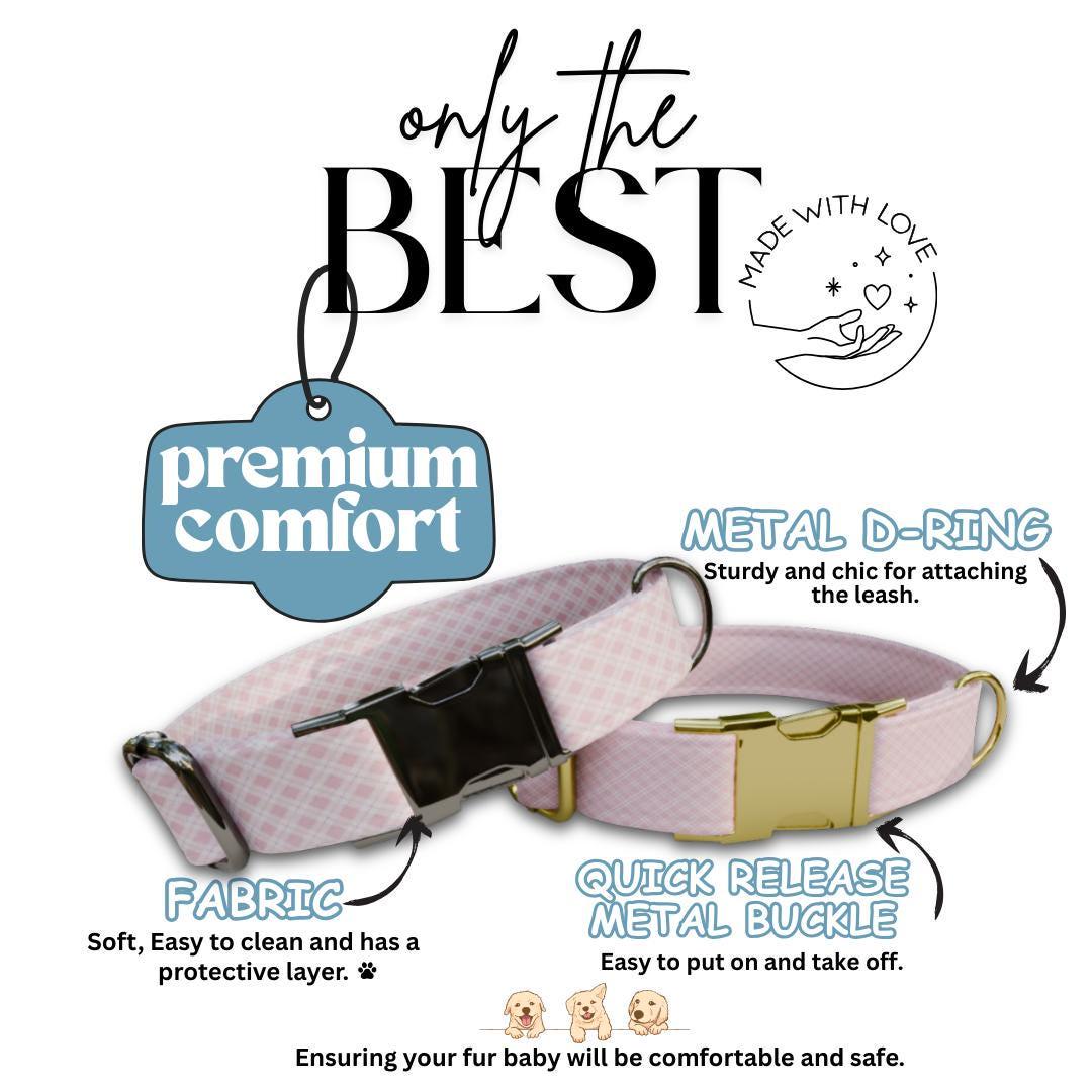 Personalized Pink Gingham Dog Collar with Name Engraved, Cute and Soft Adjustable Collar & Leash Set, Black or Gold Buckle Dog Gift (OG-24)