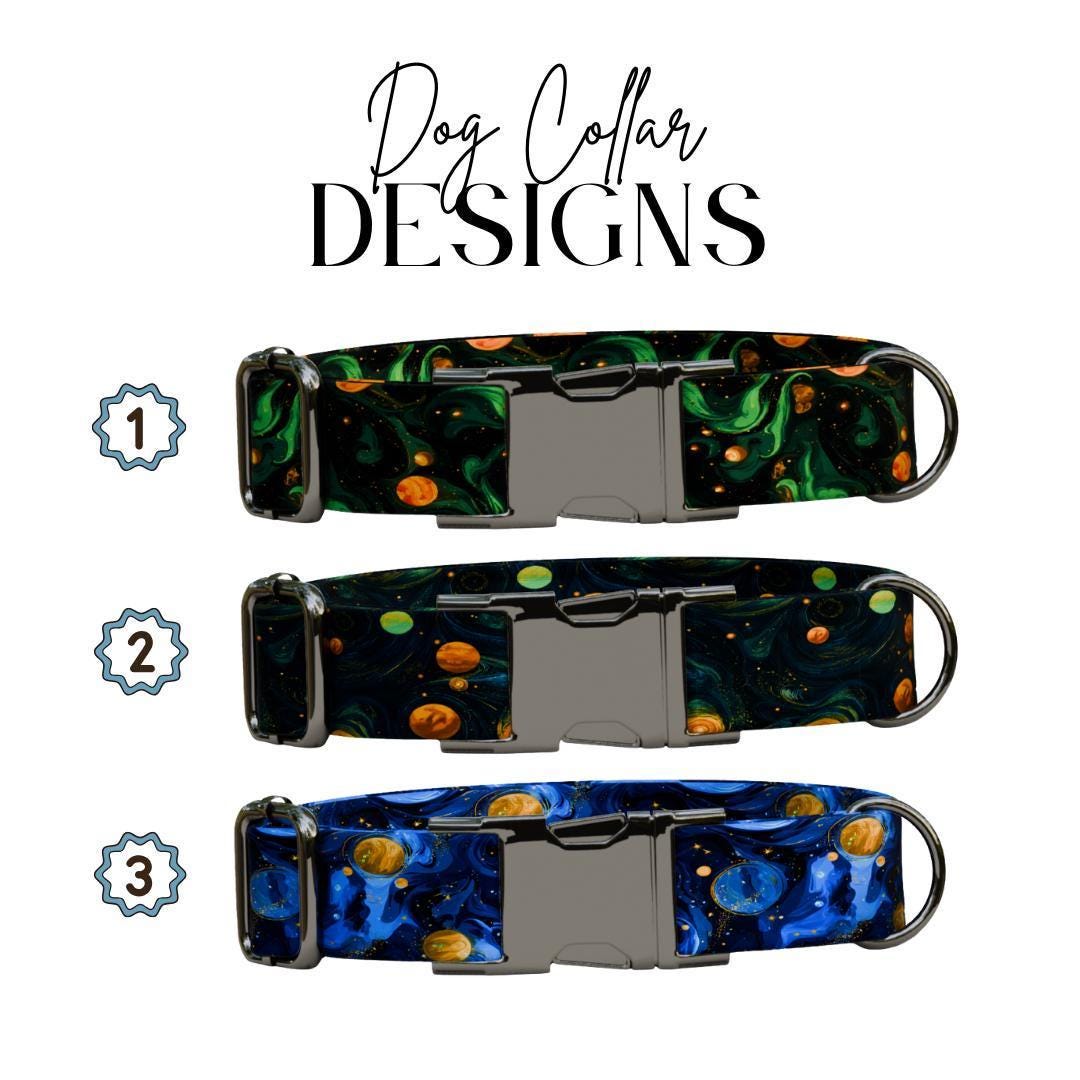 Personalized Galaxy Space Dog Collar with Name Engraved, Cute and Soft Adjustable Collar & Leash Set, Black or Gold Buckle Dog Gift (OG-91)