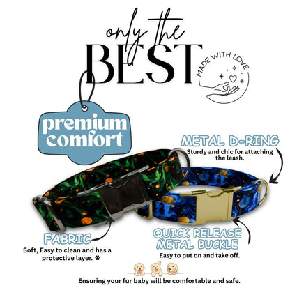 Personalized Galaxy Space Dog Collar with Name Engraved, Cute and Soft Adjustable Collar & Leash Set, Black or Gold Buckle Dog Gift (OG-91)