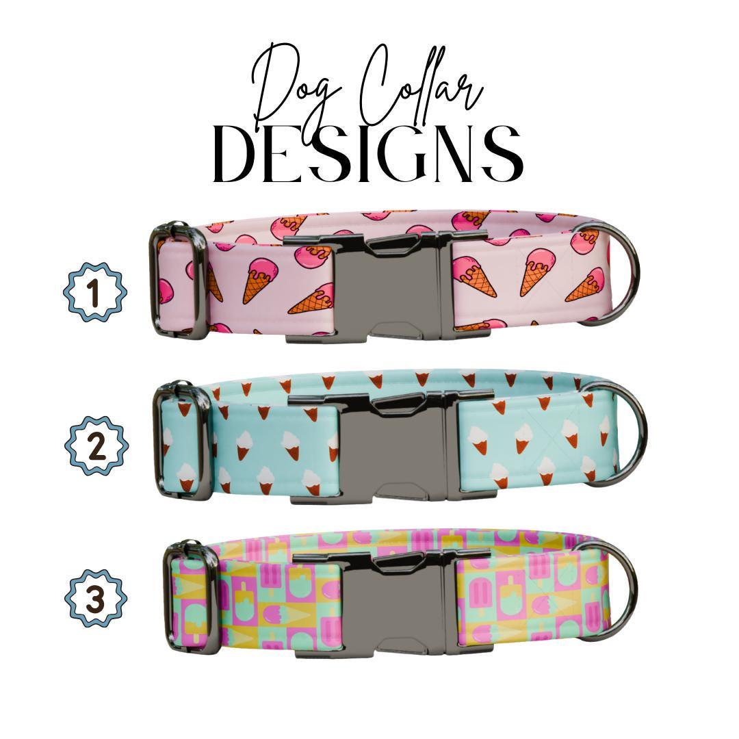 Personalized Ice Cream Dog Collar with Name Engraved Cute and Soft Cone Adjustable Collar & Leash Set Black or Gold Buckle Dog Gift (OG-94)