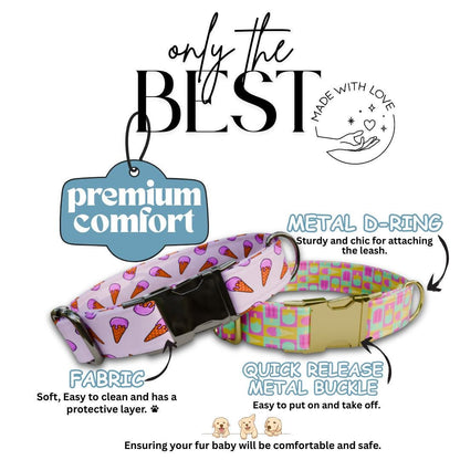 Personalized Ice Cream Dog Collar with Name Engraved Cute and Soft Cone Adjustable Collar & Leash Set Black or Gold Buckle Dog Gift (OG-94)