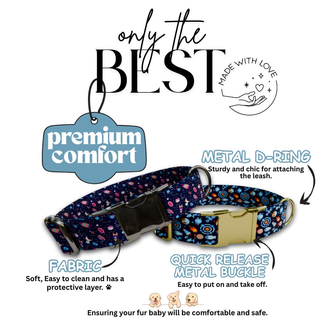 Personalized Space Adventure Dog Collar with Name Engraved Cute & Soft Adjustable Collar Leash Set Unique Astronaut Pet Dog Tag Gift (OG-73)