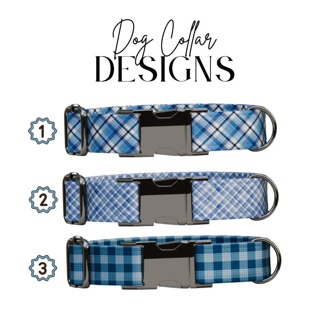 Personalized Blue Plaid Dog Collar with Name Engraved, Cute and Soft Adjustable Collar & Leash Set, Black or Gold Buckle, Dog Gift (OG-04)
