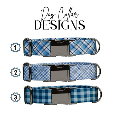 Personalized Blue Plaid Dog Collar with Name Engraved, Cute and Soft Adjustable Collar & Leash Set, Black or Gold Buckle, Dog Gift (OG-04)