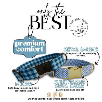 Personalized Blue Plaid Dog Collar with Name Engraved, Cute and Soft Adjustable Collar & Leash Set, Black or Gold Buckle, Dog Gift (OG-04)