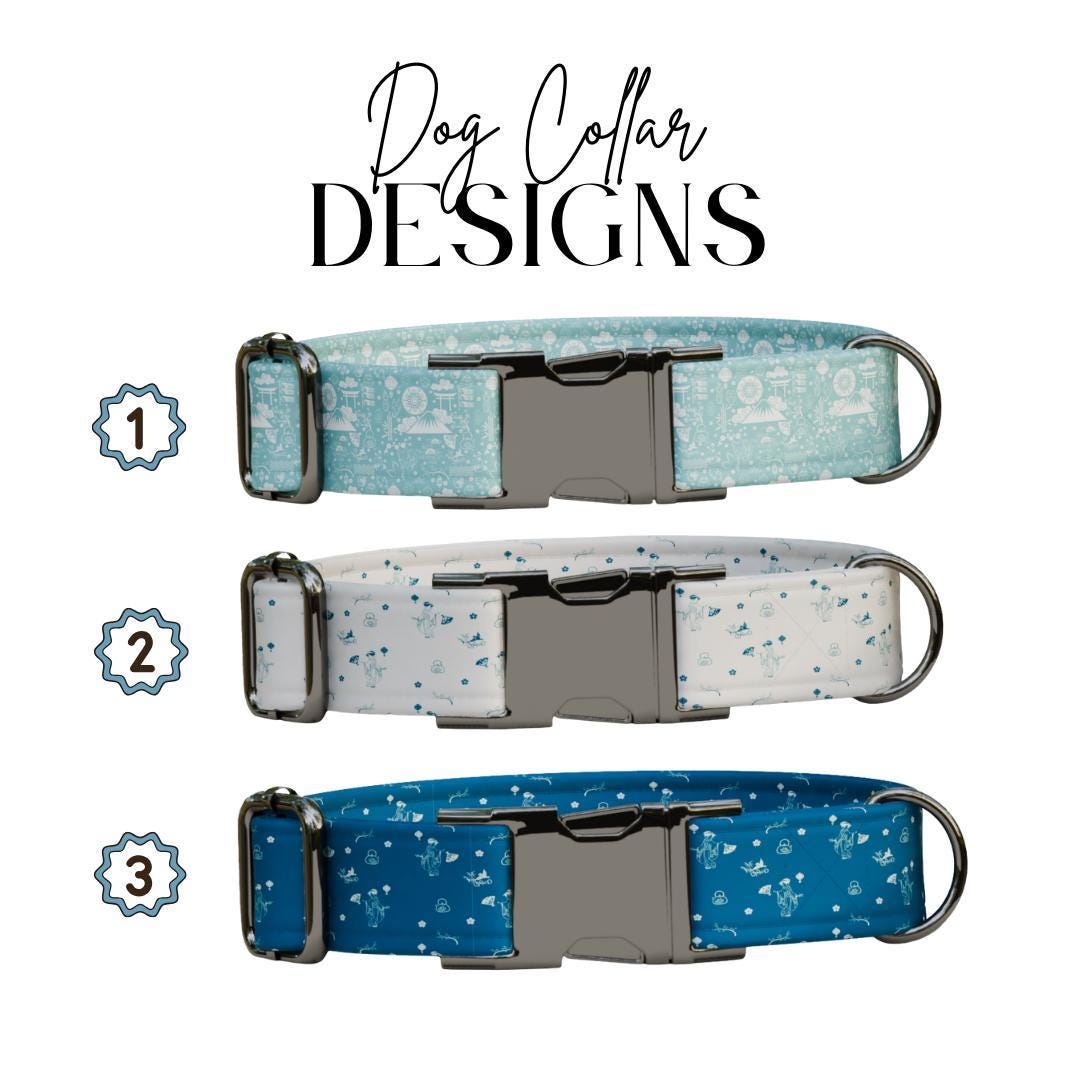 Personalized Blue Storybook Dog Collar with Name Engraved, Cute and Soft Adjustable Collar & Leash Set Black or Gold Buckle Dog Gift (OG-61)