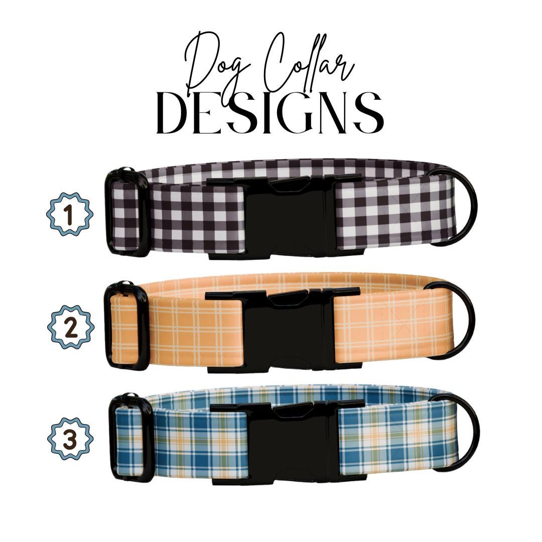 Personalized Plaid Gingham Dog Collar with Name Engraved Cute and Soft Adjustable Collar & Leash Set Black Gold Buckle Dog Gift (OG-154)