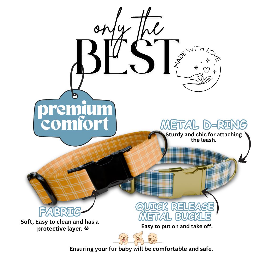 Personalized Plaid Gingham Dog Collar with Name Engraved Cute and Soft Adjustable Collar & Leash Set Black Gold Buckle Dog Gift (OG-154)